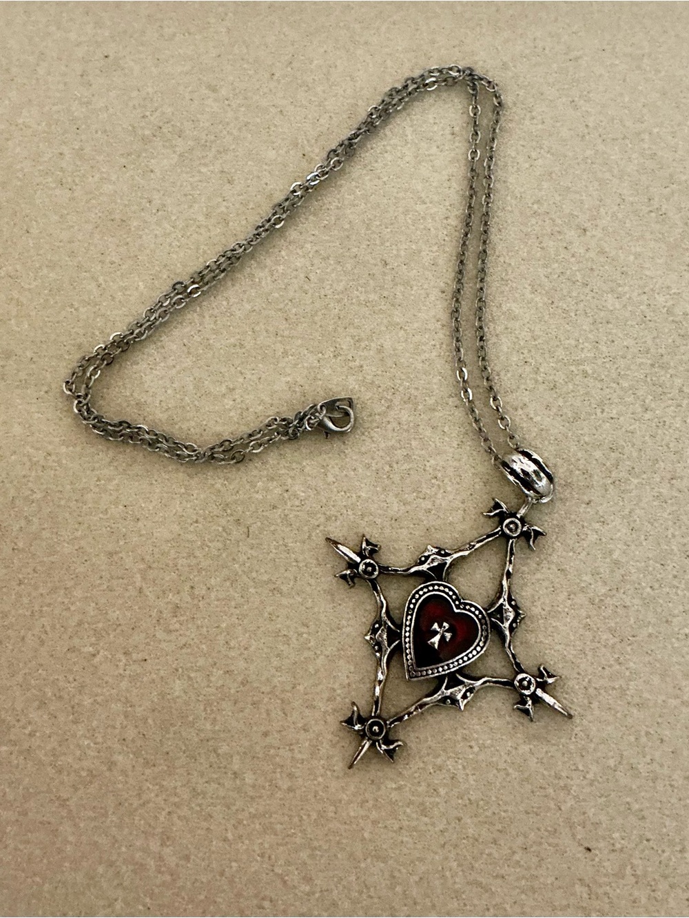 Silver Heart Pendant Necklace with Red Enamel Accent, 28”